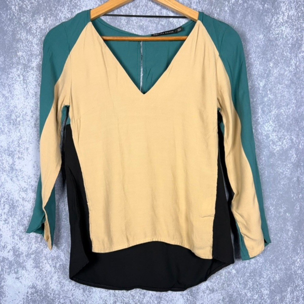 Zara Blouse Top Womens XS Beige Teal Colorblock V-Neck High Low Long Sleeve